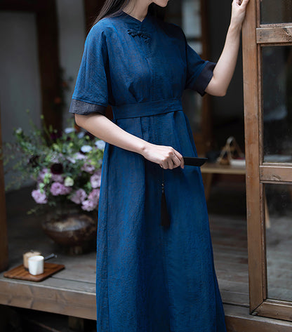 edoa Blue Cracked Mud Silk A-line Dress 