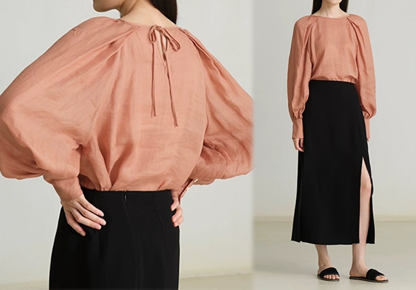 edoa Ramie Pleated Long Lantern Sleeve Blouse
