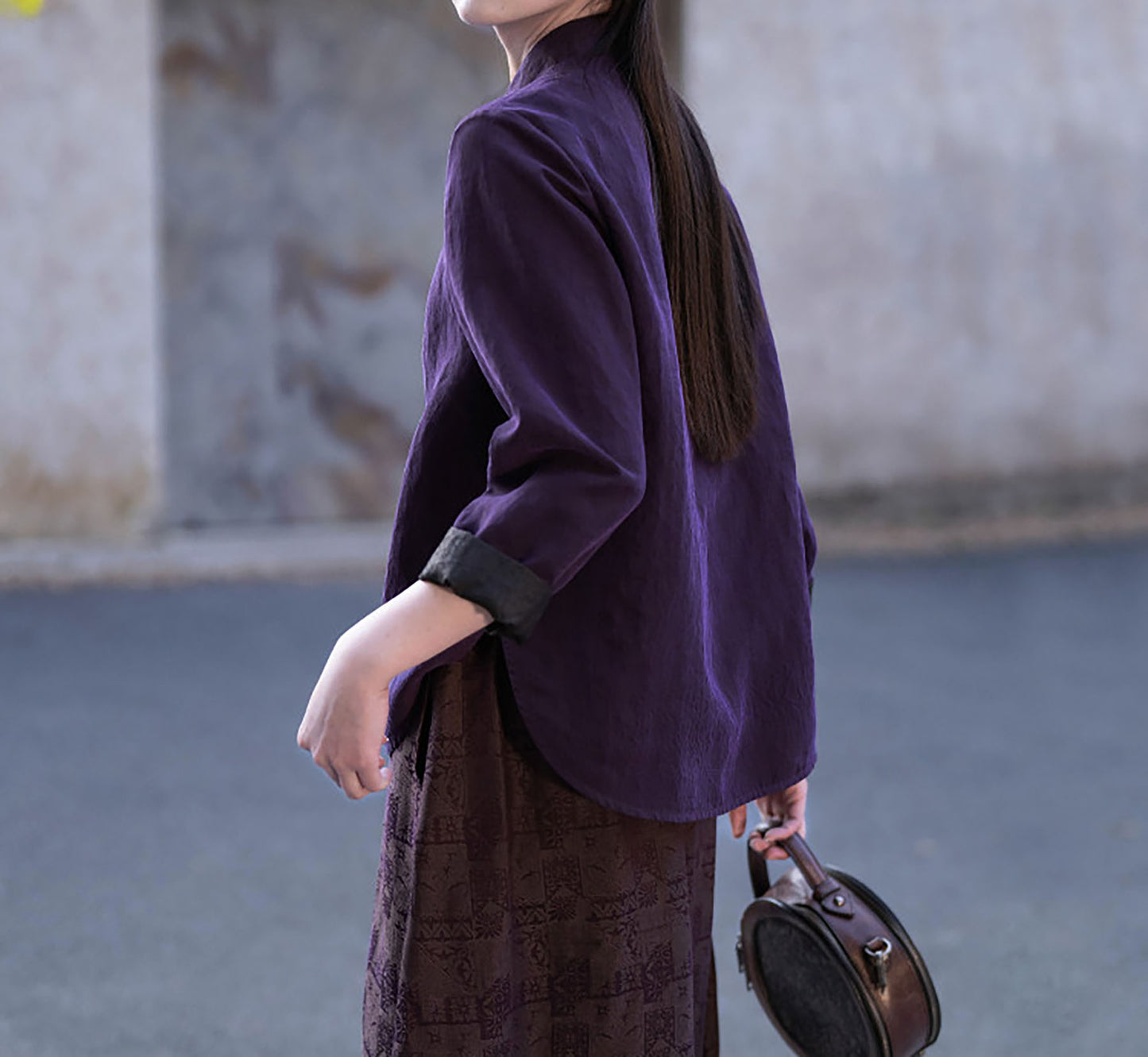 edoa Purple Cracked Mud Silk Cheongsam Top