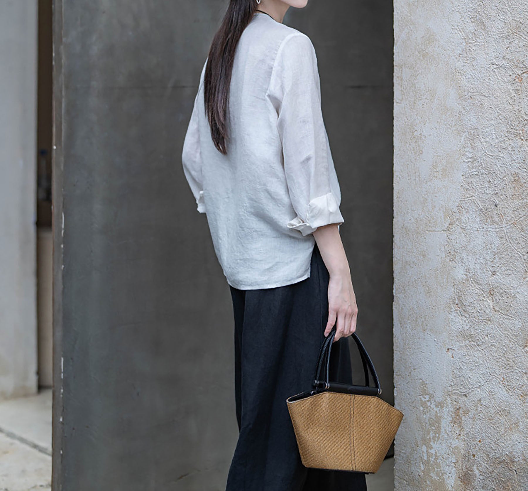 edoa White Linen Button Down Chinese Blouse