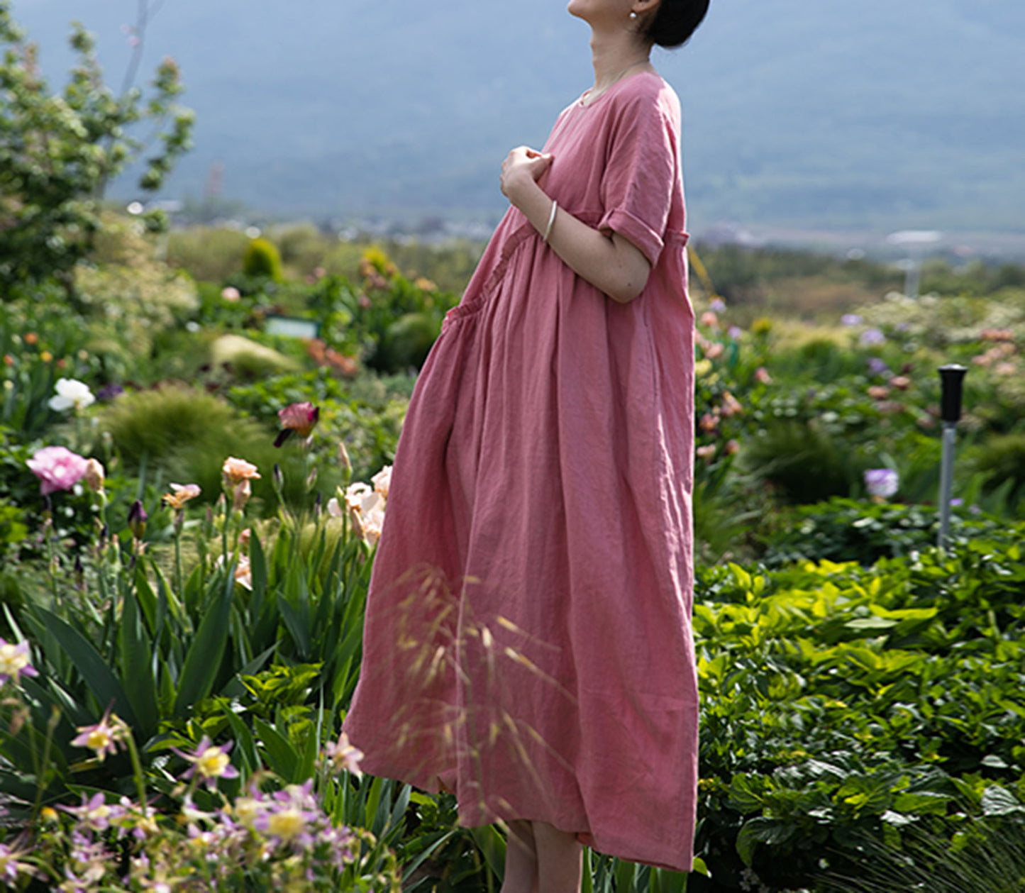 edoa High Waist Gathering Linen Maxi Dress
