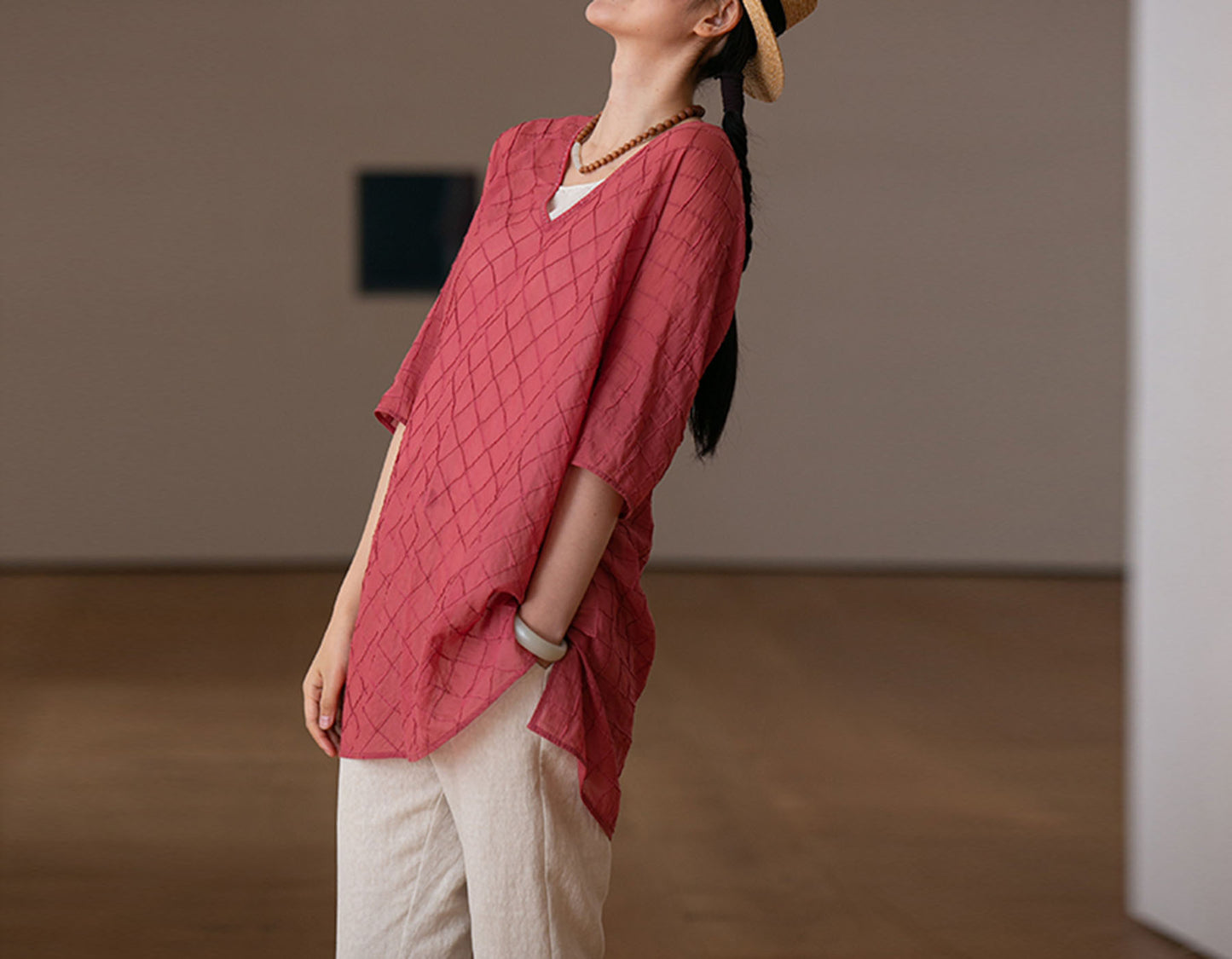 edoa High Counted Cotton Pintucked V-neck Blouse 