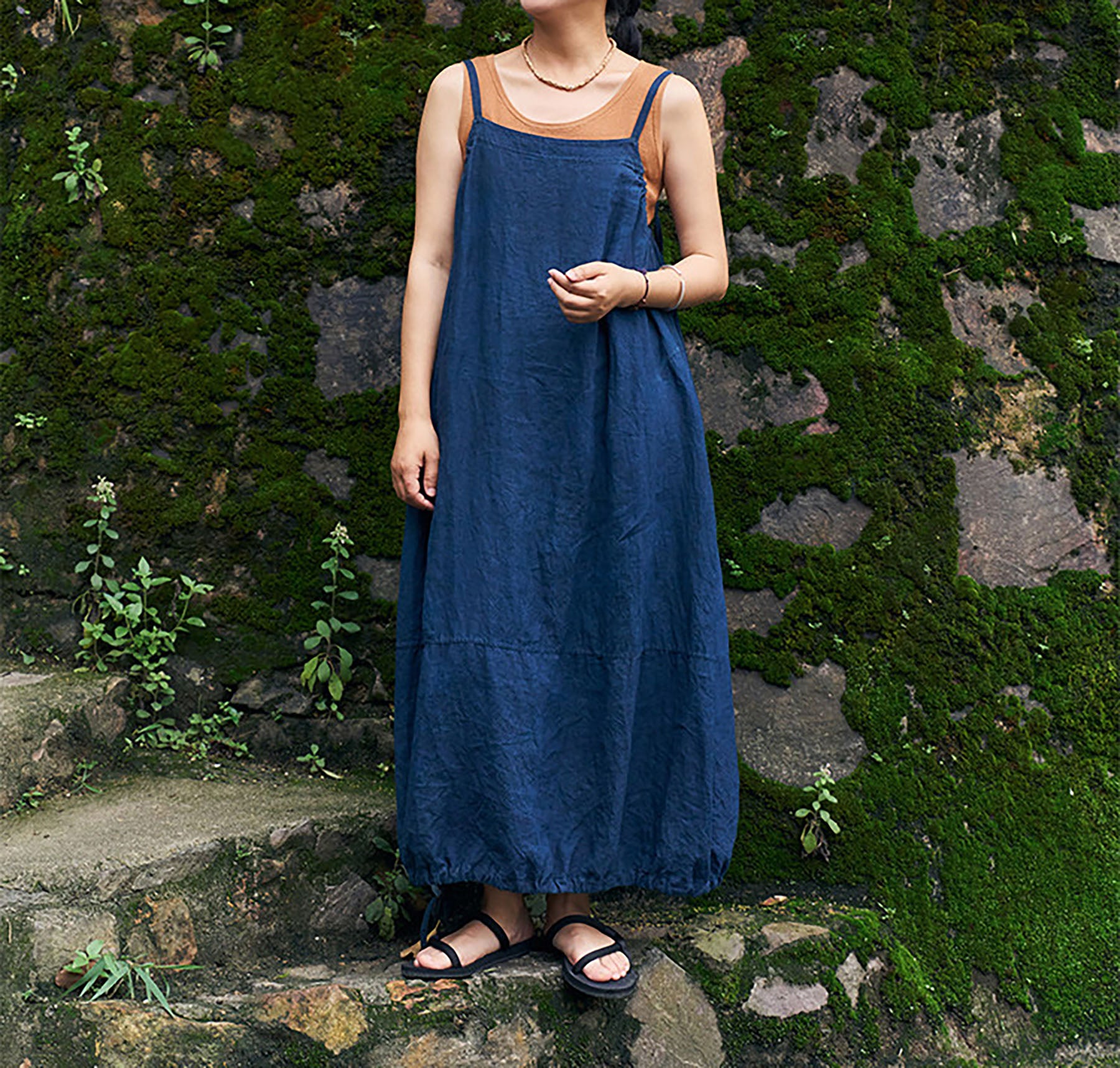 edoa Indigo Blue Linen Cocoon Shape Overall Dress