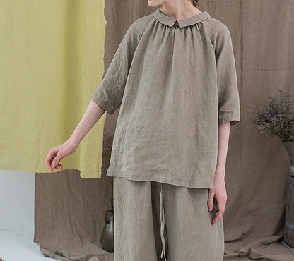 edoa Revesible Yarn dyed French Linen Peterpan Collar Blouse with Gather Neck