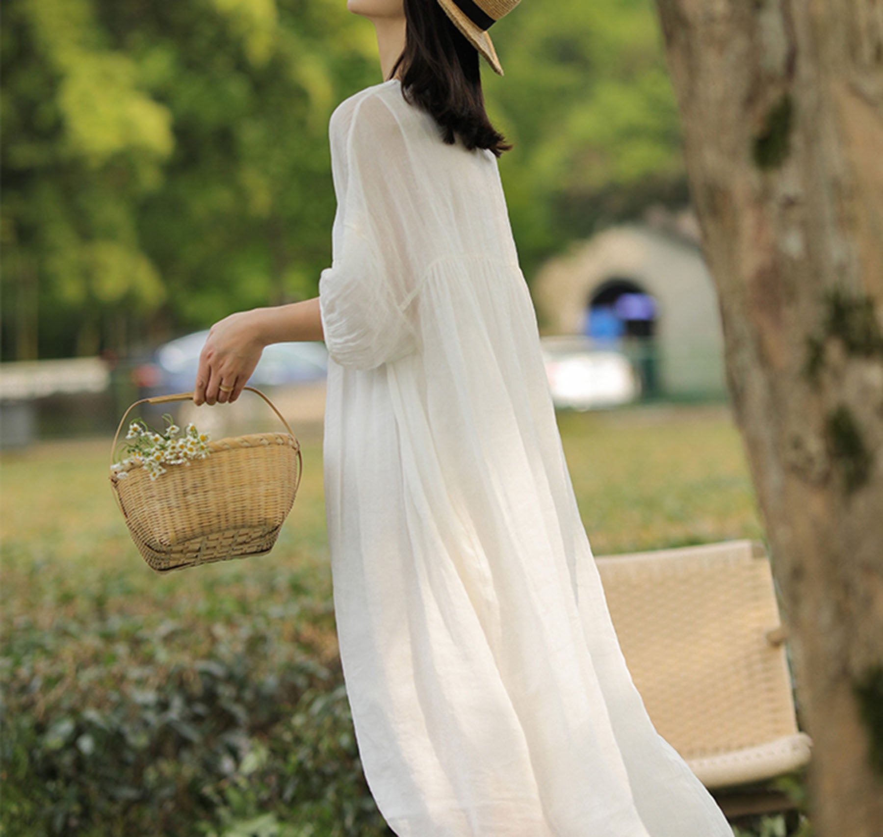 edoa High Counted Crinkled Ramie Dress 