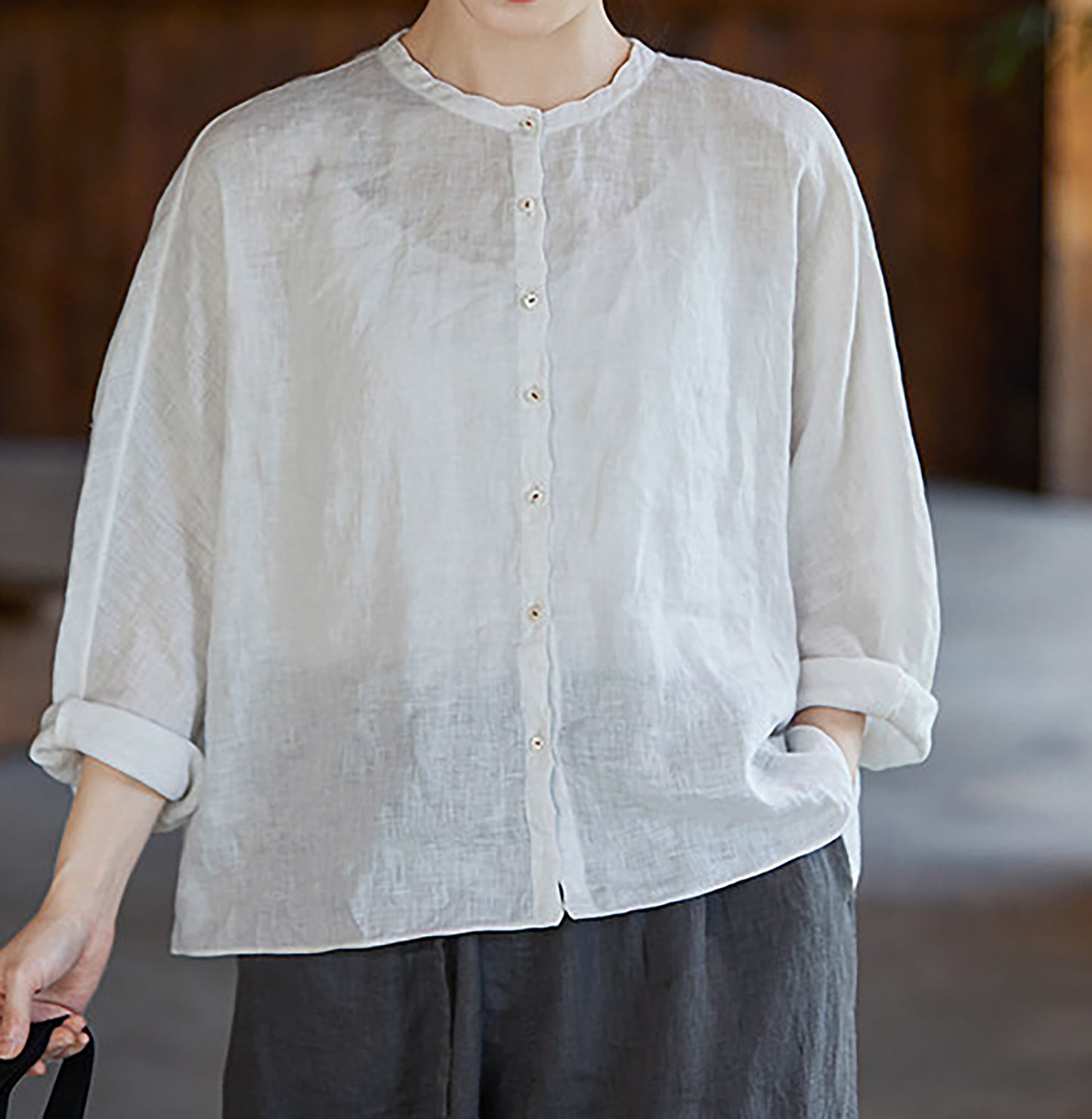 edoa Free Size Loose White Linen Petal Blouse 