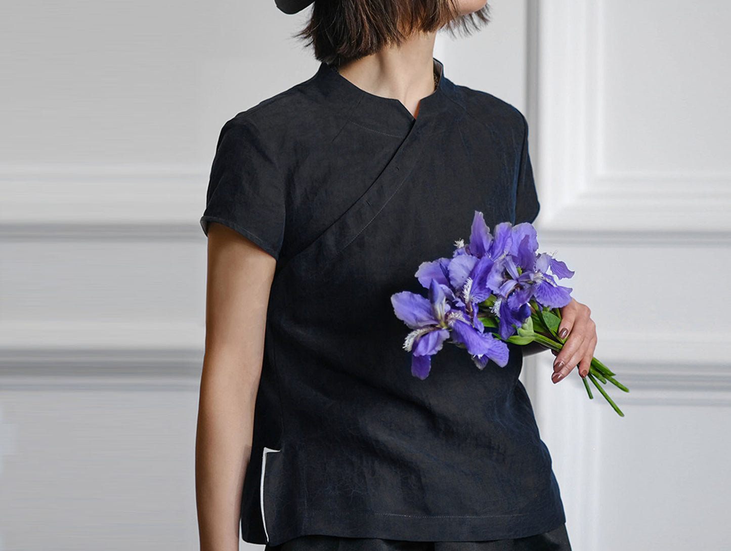 edoa Cracked Mud Silk Chinese Blouse with Wing Slits