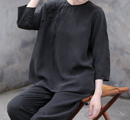edoa Black Sand Washed Mulberry Silk Habotati Chinese Blouse