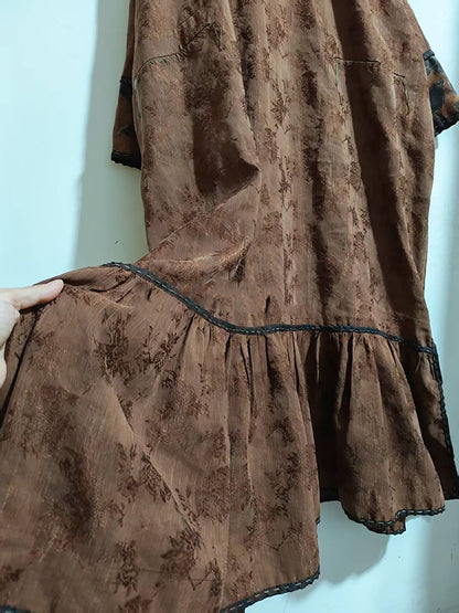 Mud Silk Linen Blend Jacquard V-neck Ruffled Hem Tunic Dress dr0402 X334