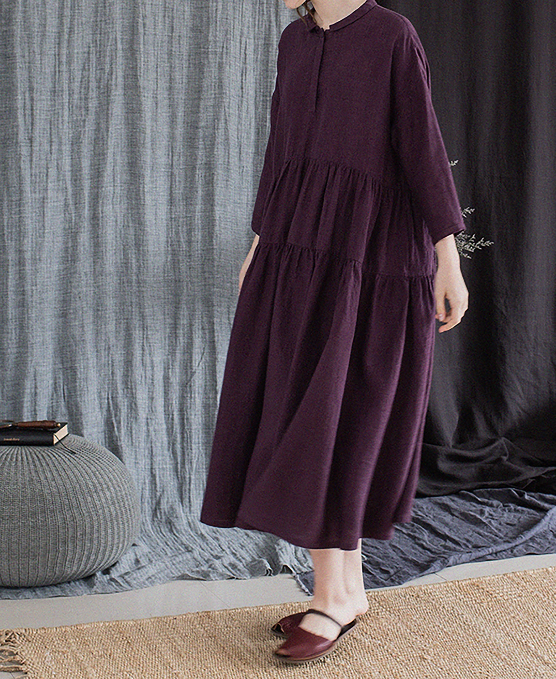 edoa Grape Purple Linen Peter Pan Collar Tiered Dress