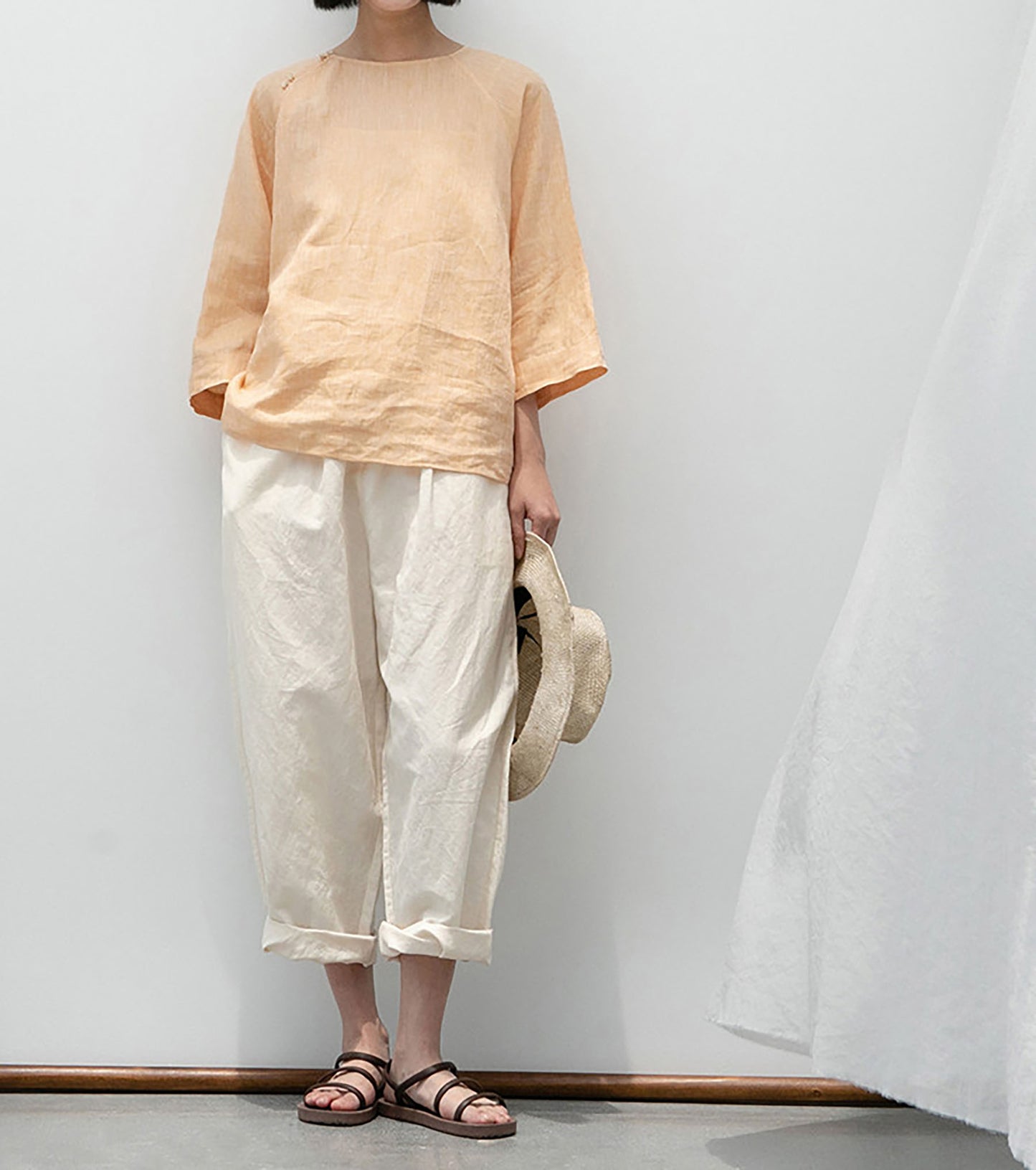 edoa  Loose Fit Yarn Dyed Linen Chinese T-shirt
