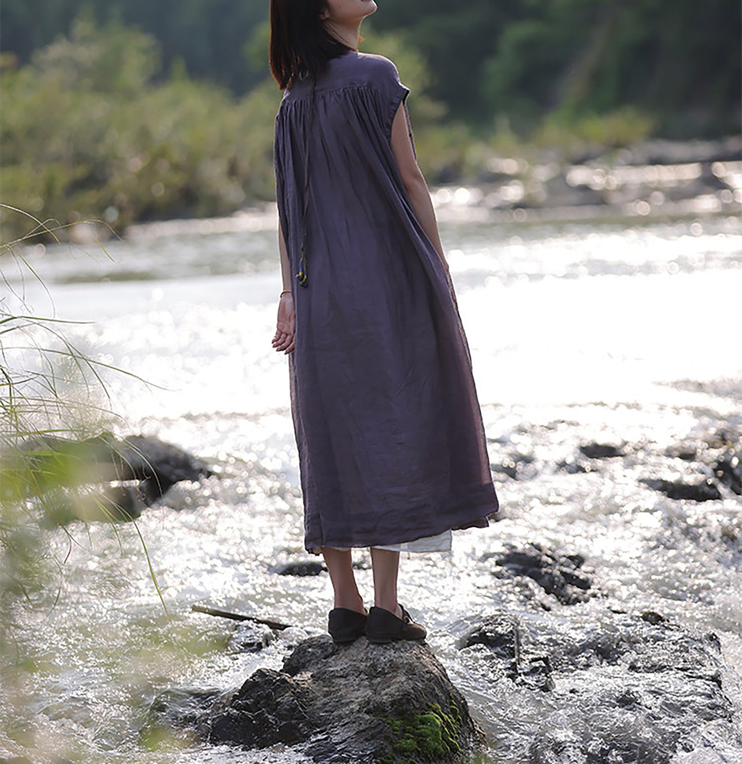 edoa Oversized Summer Light and Airy Ramie Robe with Geometric Patchwork