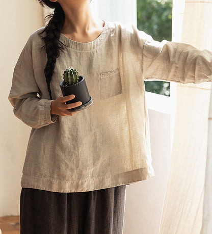 edoa Loose Fit Linen Long Sleeve Pullover Shirt 
