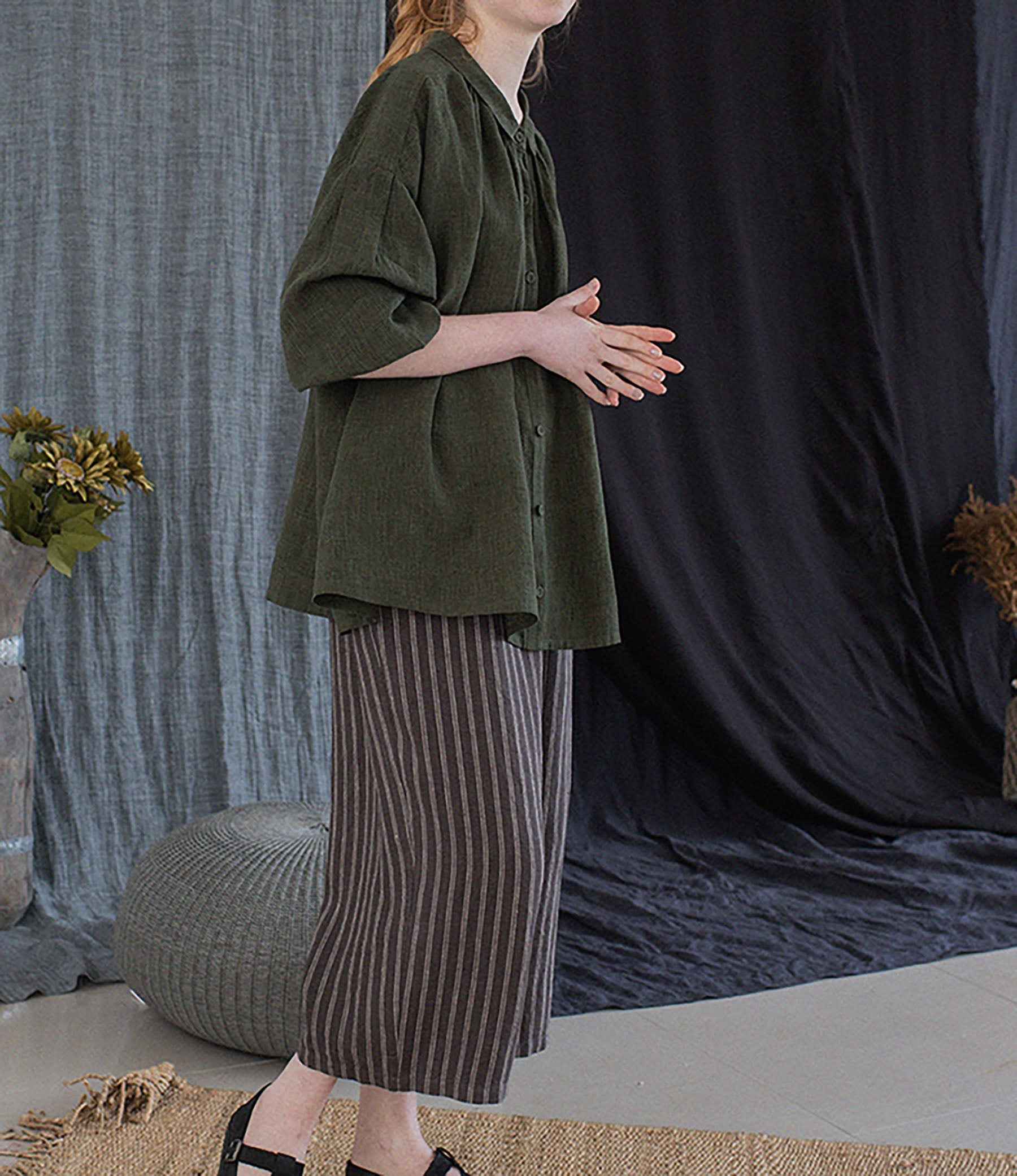 edoa Forest Green Linen Peter Pan Collar Babydoll Shirt