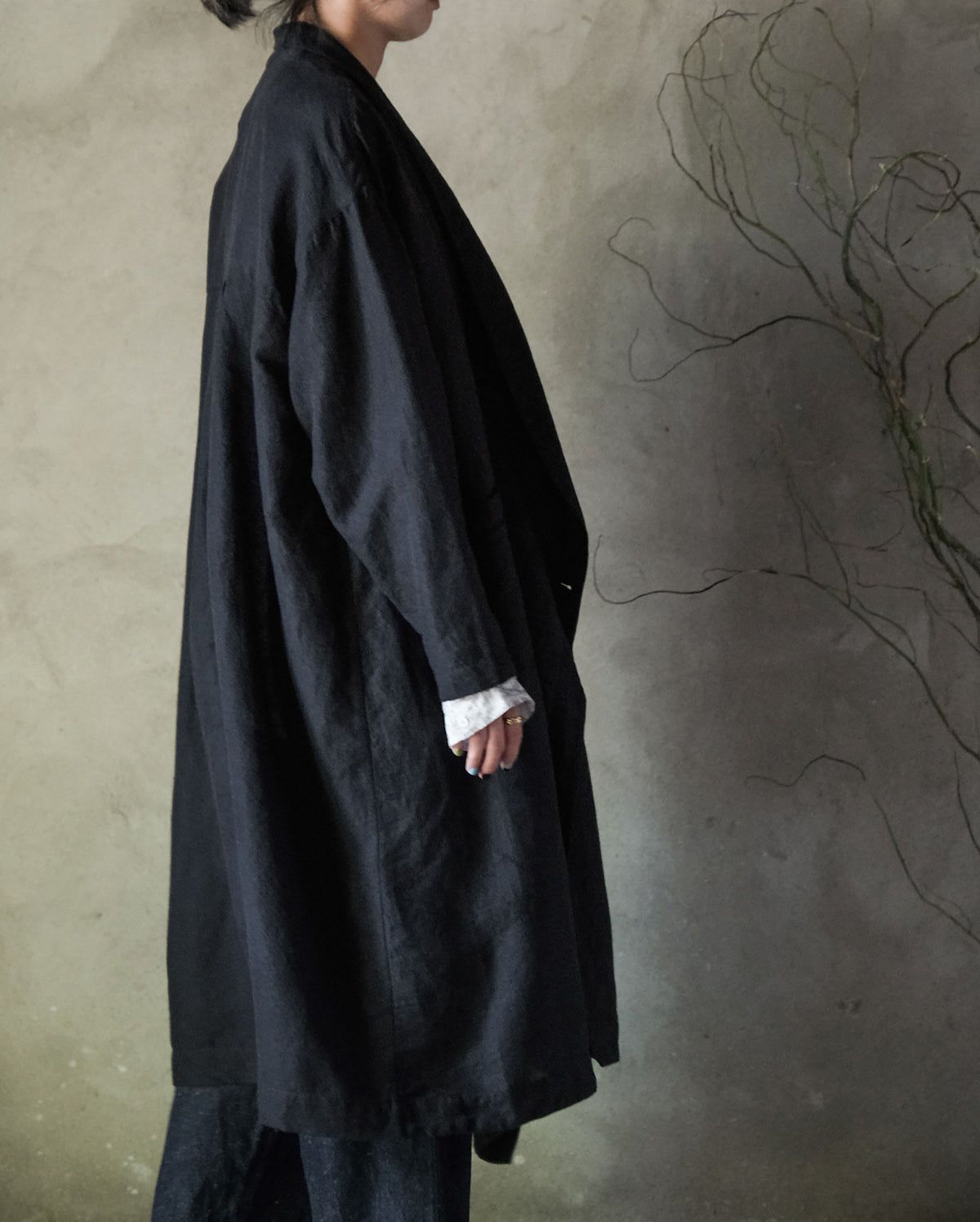 edoa Black Linen Shawl Collar Coat