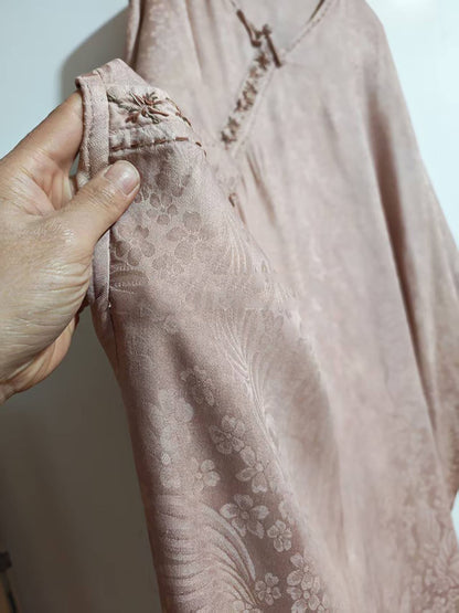 Dusty Pink Mulberry Silk Sakura Jacquard Chinese Blouse bl0147 X325