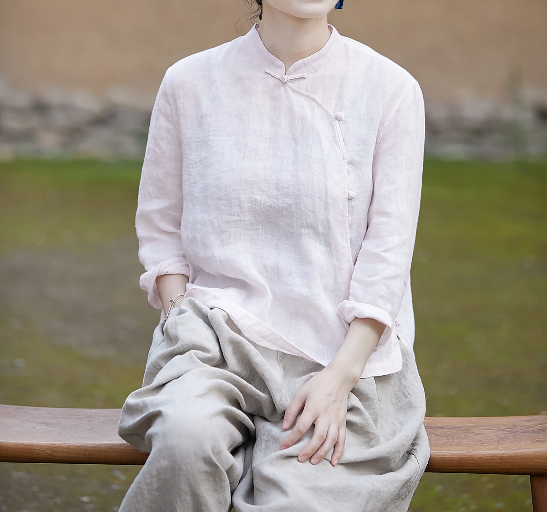 edoa Pink Linen Chinese Qipao Blouse