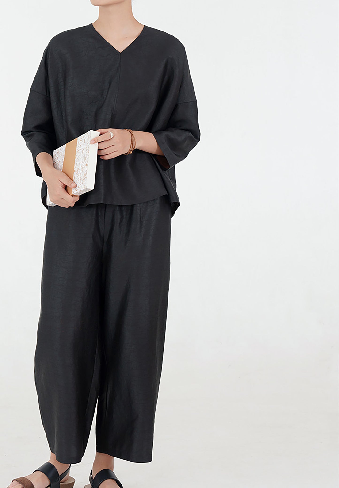 edoa Intangible Cultural Heritage Cracked Mud Silk Wide-leg Crop Pants
