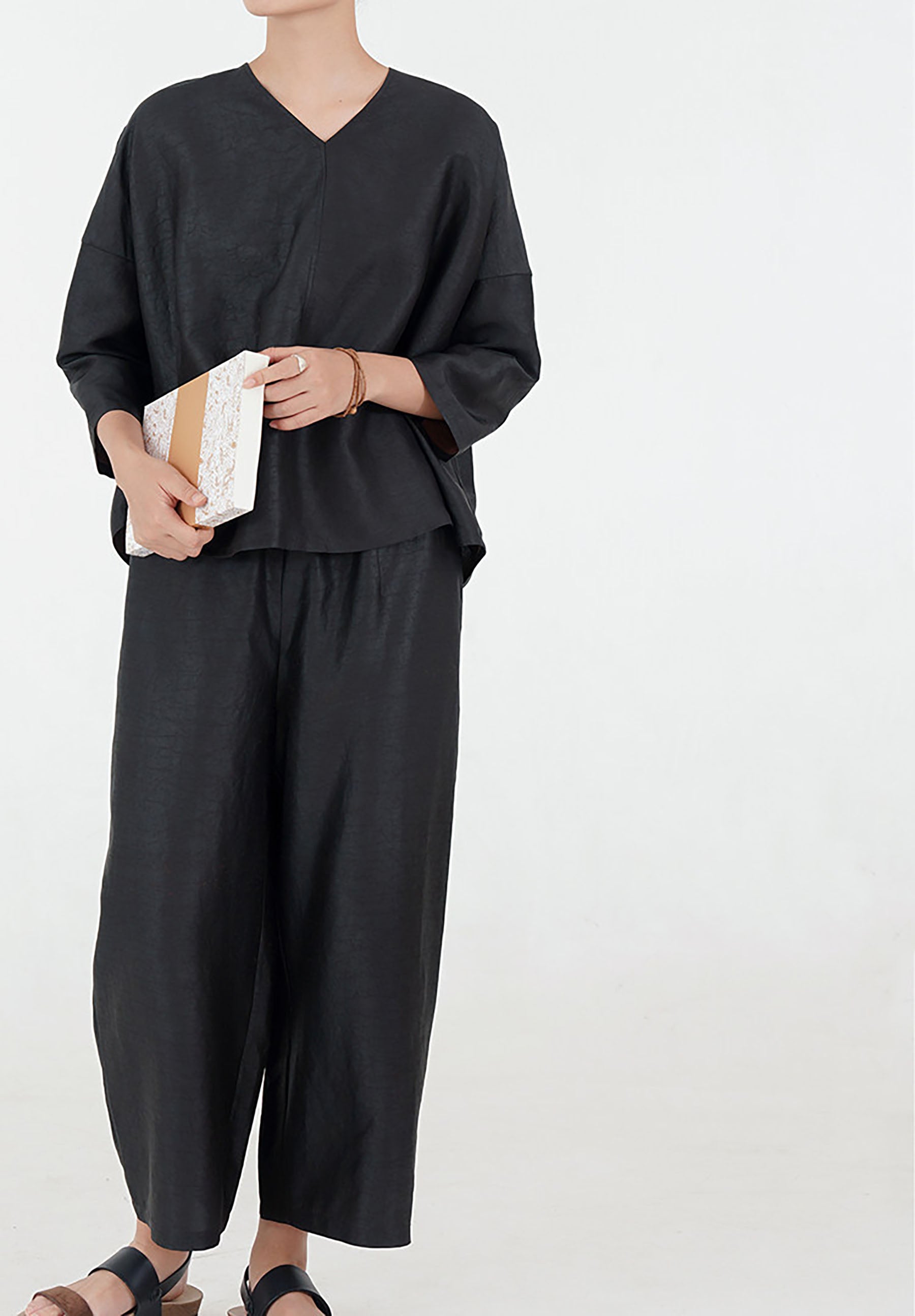 edoa Intangible Cultural Heritage Cracked Mud Silk Wide-leg Crop Pants