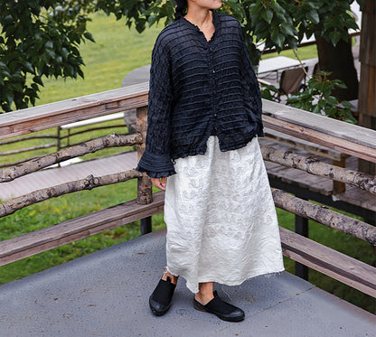 edoa Long Sleeve Ramie Pintuck Ruffle Blouse