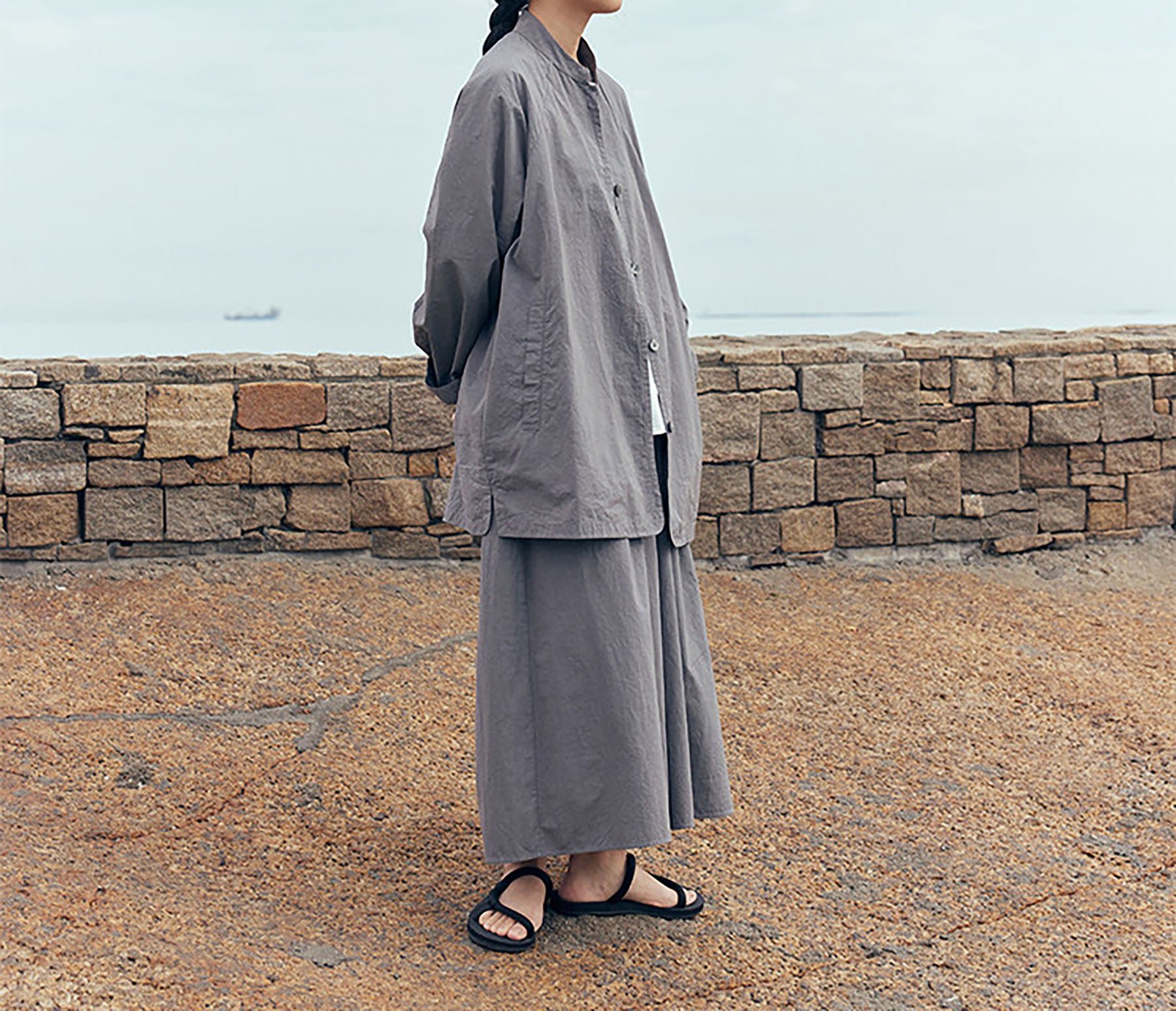 edoa Gray Loose Fitting High Densit Sun-dried Cotton Oriental Tang Jacket