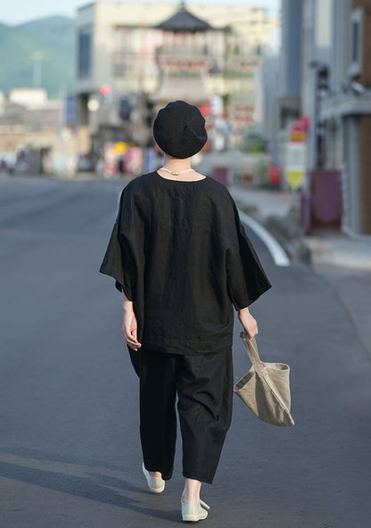 edoa Loose Heavy Weight Washed Linen Wide-leg Pants
