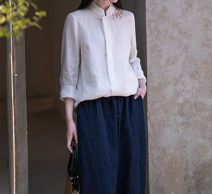 edoa White Linen Chinese Blouse with Hand Embroidery