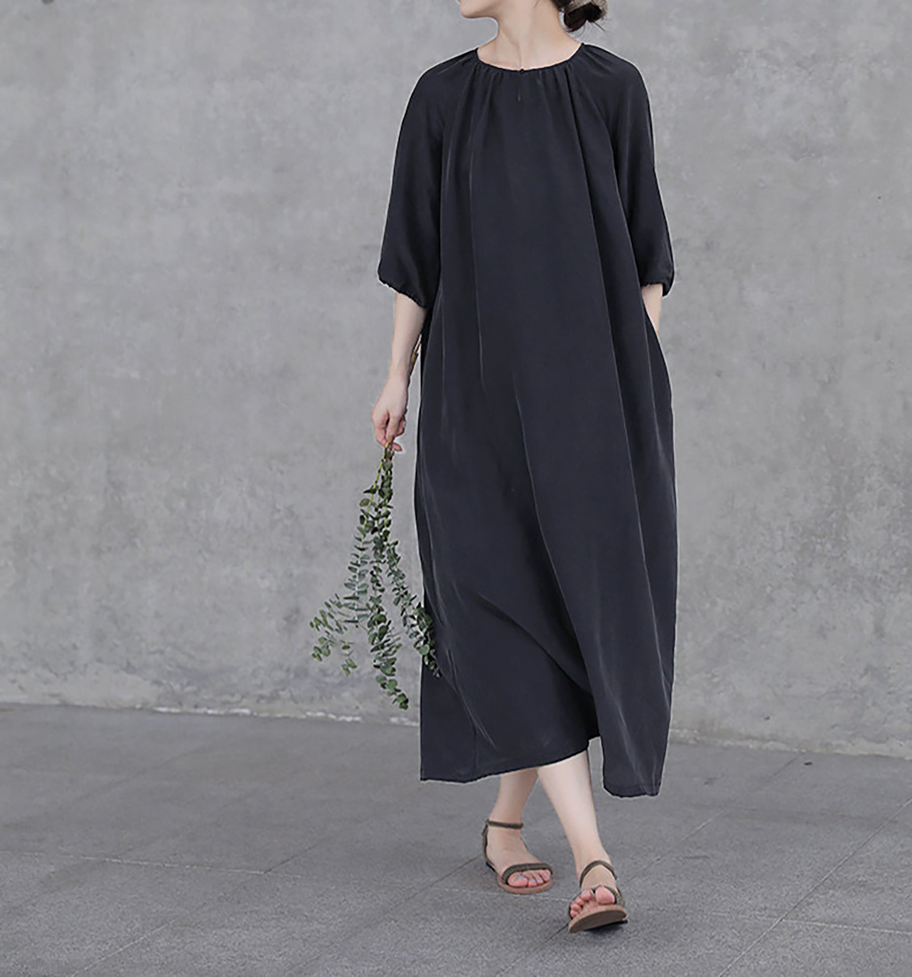 edoa Black Sand Washed Mulberry Silk Habotati Dress