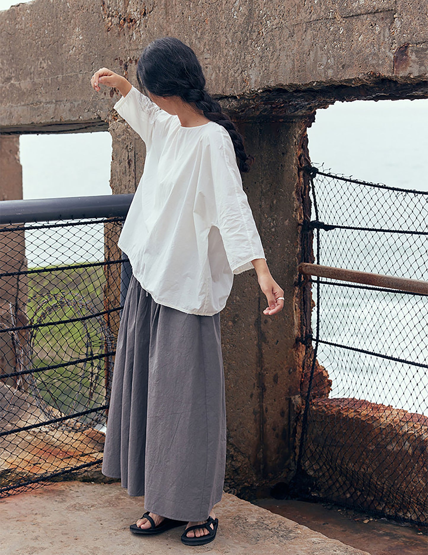 edoa White Loose Fitting Dolman Sleeves  Cotton Pullover Shirt