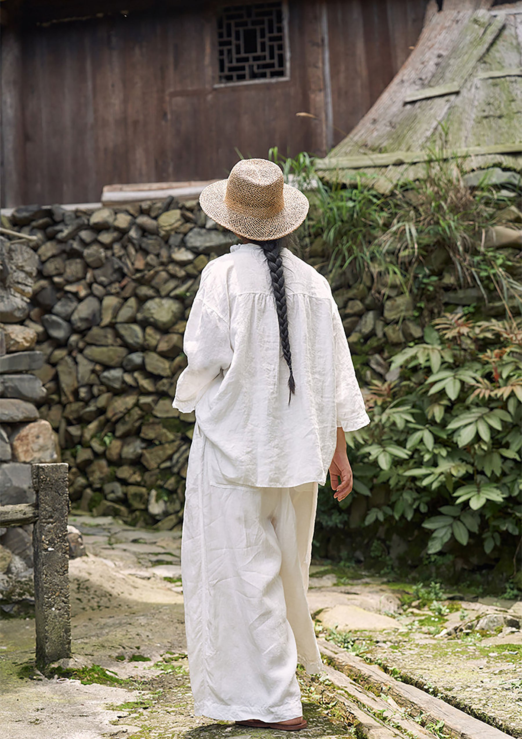 edoa White Linen Ruffled Pullover Shirt