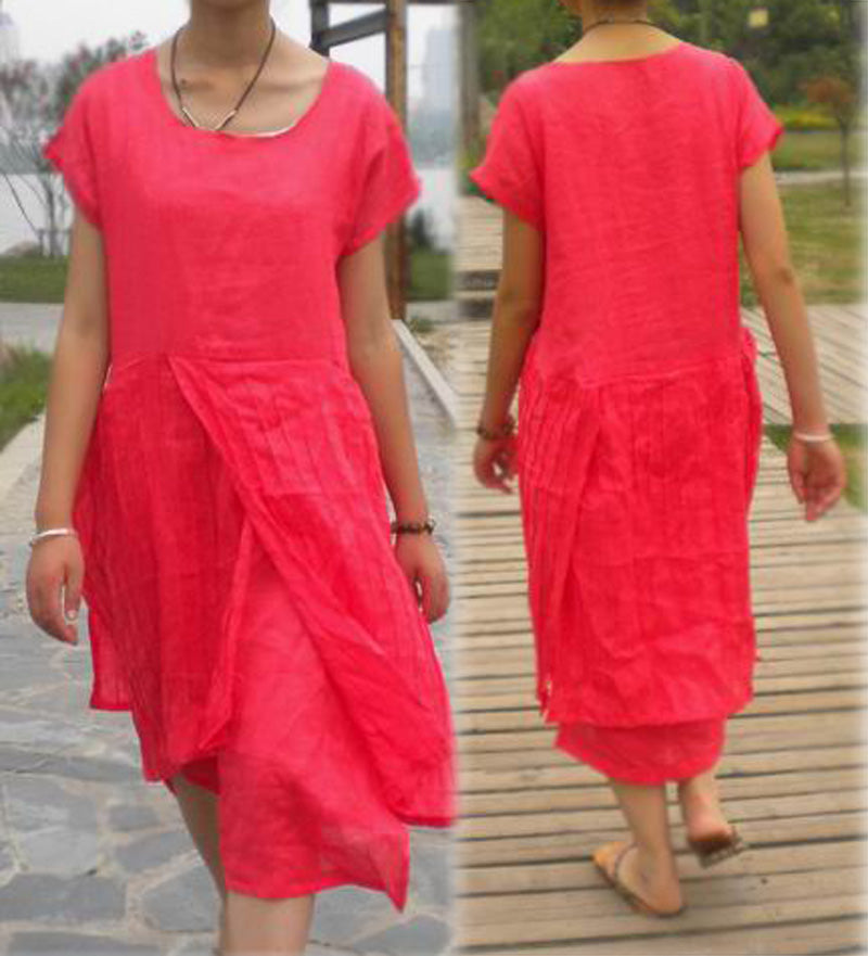 edoa Double Layers Short Sleeve Pintuck Linen Maxi Dress