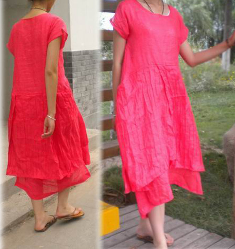 edoa Double Layers Short Sleeve Pintuck Linen Maxi Dress