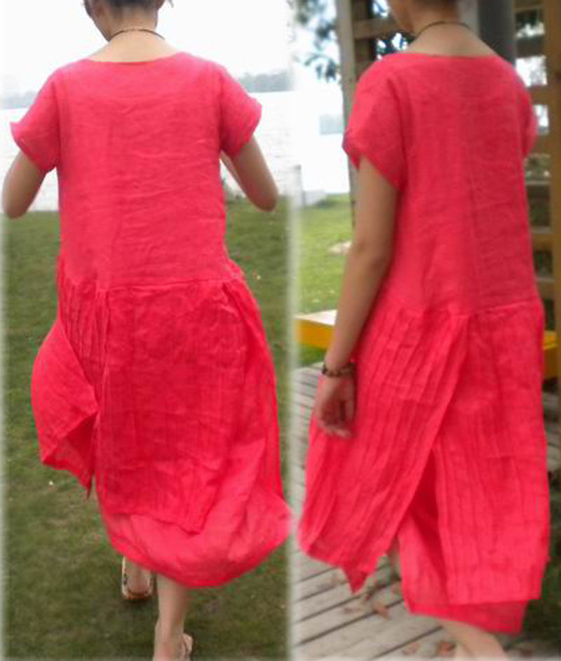 edoa Double Layers Short Sleeve Pintuck Linen Maxi Dress