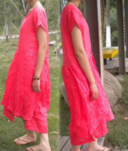 edoa Double Layers Short Sleeve Pintuck Linen Maxi Dress